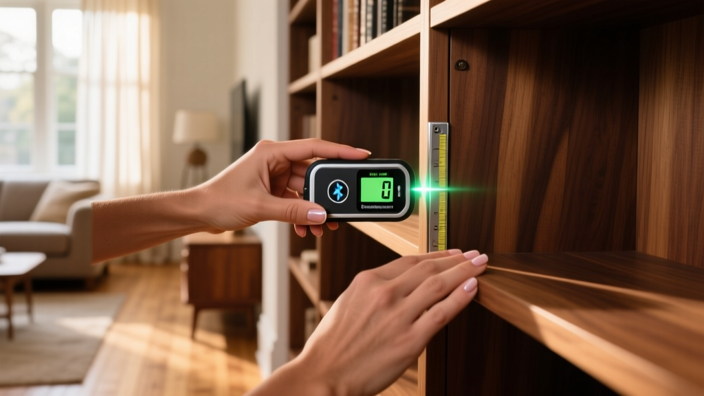 Close-up of hands using a Bluetooth-enabled digital laser measure to map out a custom built-in bookshelf in a dusty living room.