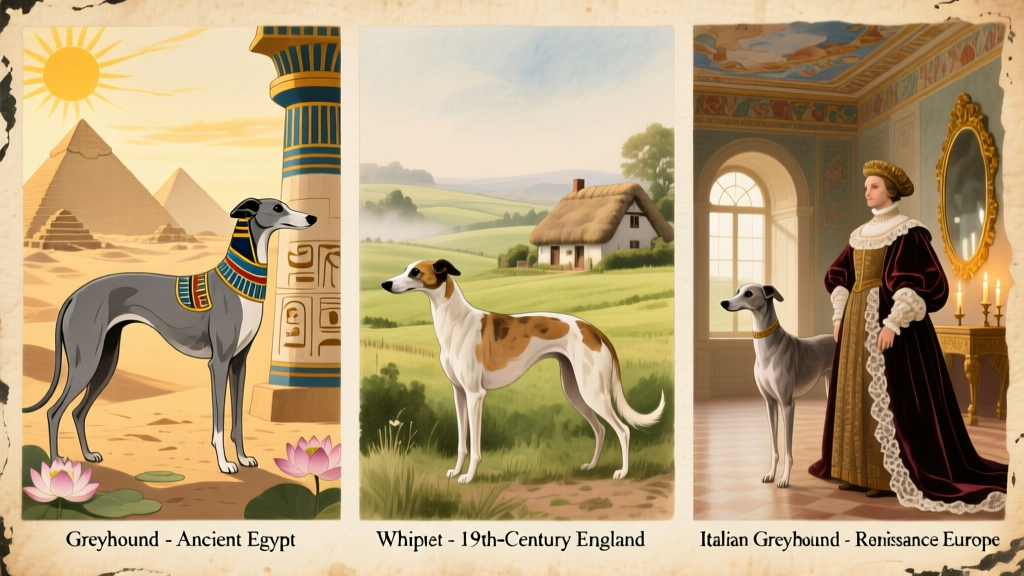 Historical illustration-style image showing Greyhounds in ancient Egyptian art, Whippets in 19th-century English countryside, and Italian Greyhounds beside Renaissance-era nobles