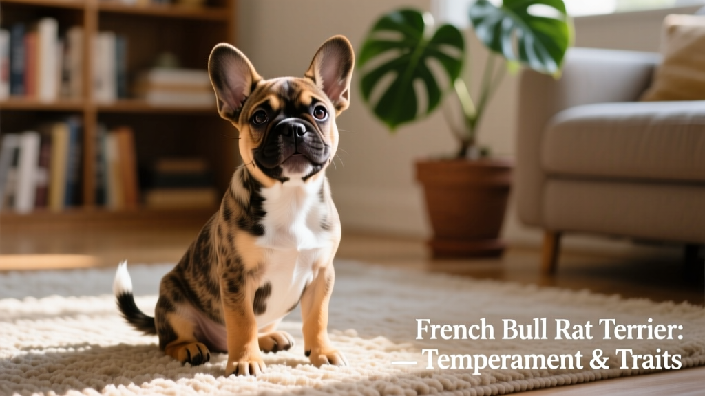 A happy French Bull Rat Terrier puppy sitting on a sunlit rug, looking alert and friendly