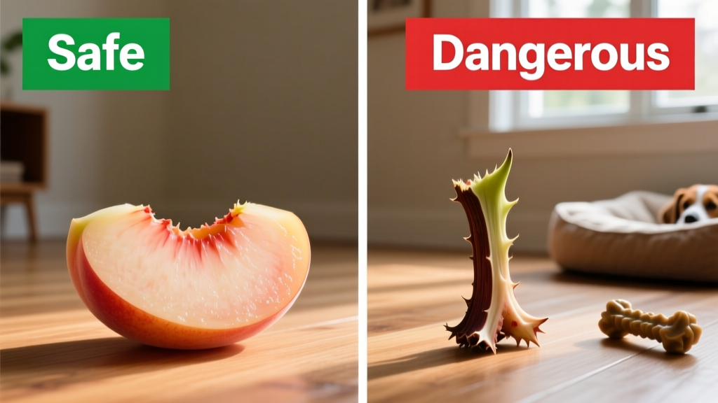 Side-by-side comparison: safe peach flesh vs. dangerous pit and stem, clearly labeled