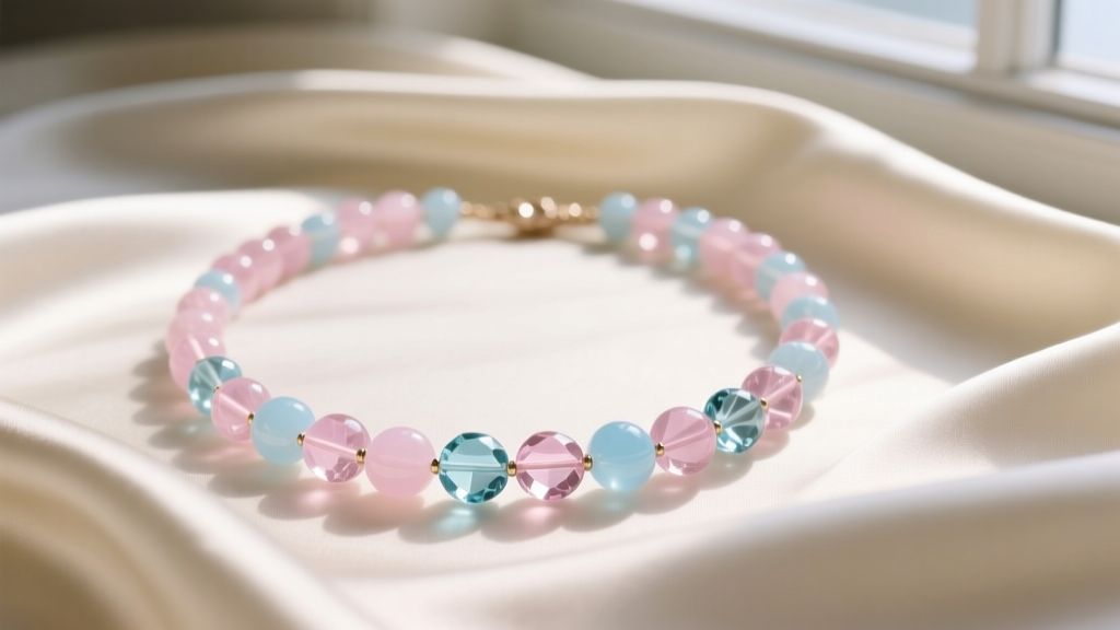 Flat lay of a delicate pastel bead necklace with soft pink morganite and pale blue aquamarine beads on cream silk fabric