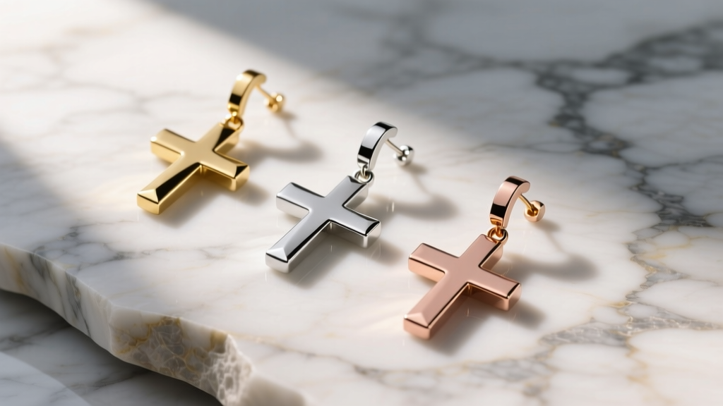 Flat lay of three cross dangle earrings in mixed metals, arranged on a raw marble surface with soft, directional natural sunlight.