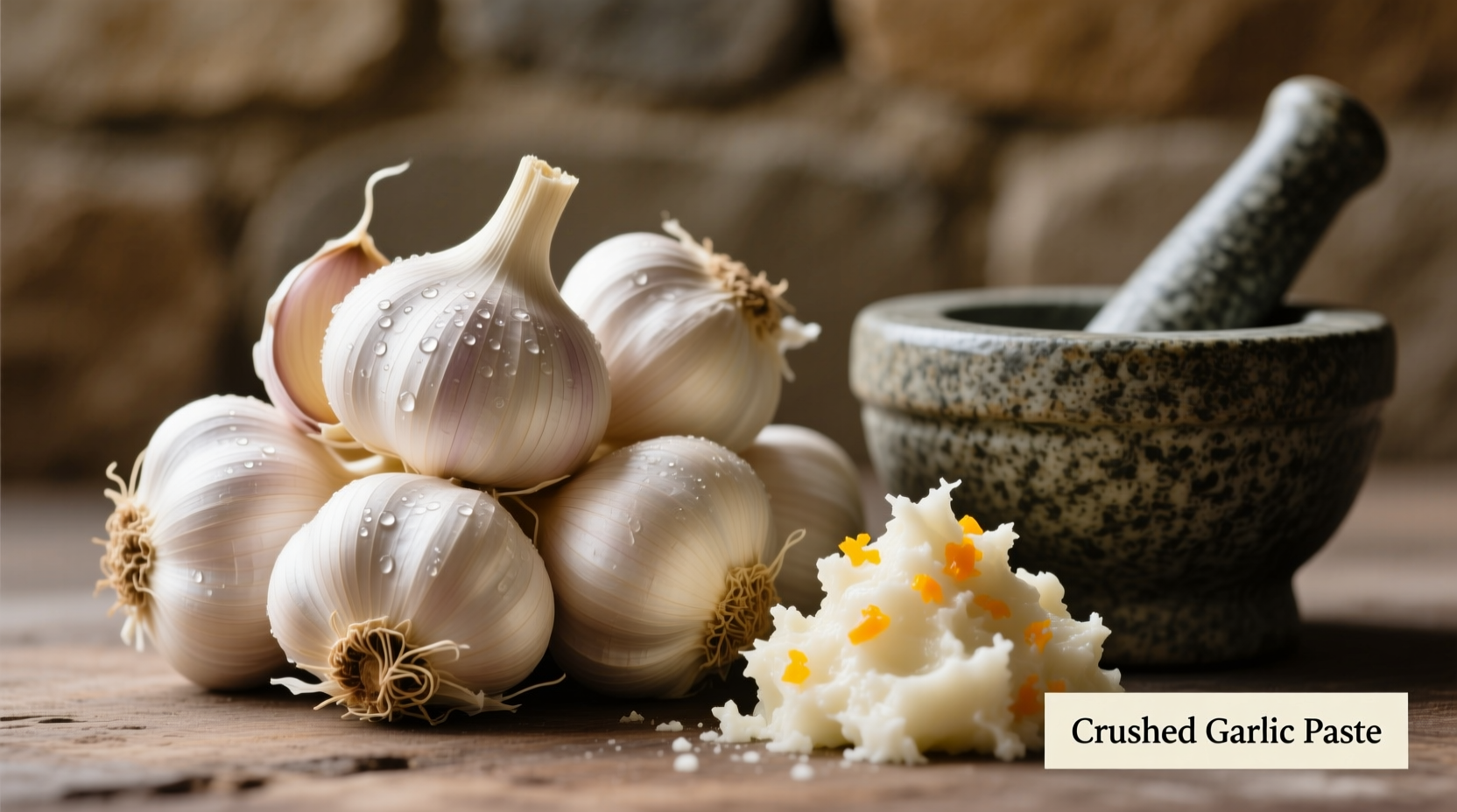 Fresh garlic cloves with crushed garlic paste