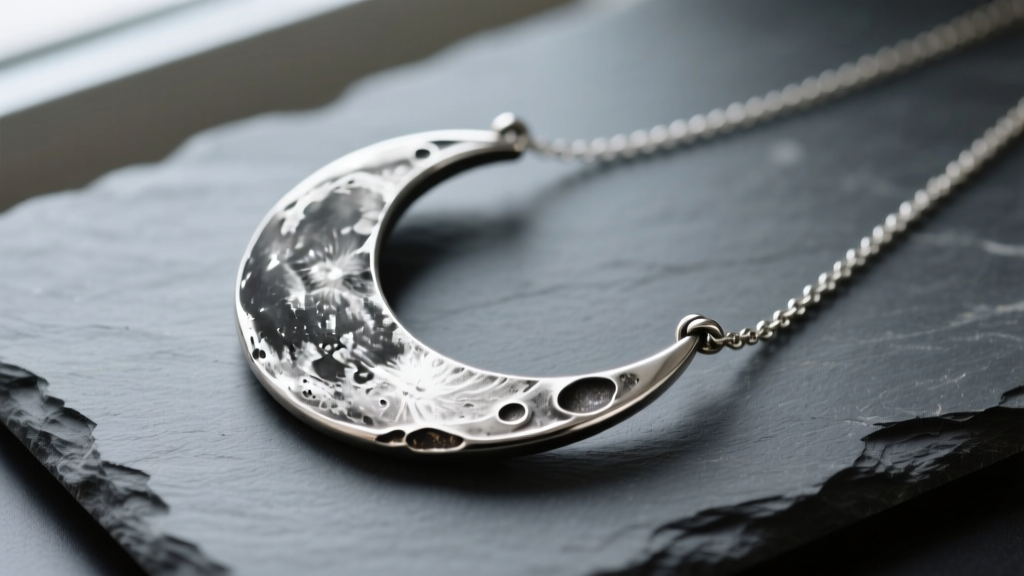 Tarnished sterling silver crescent moon necklace on slate showing dark silver sulfide buildup inside deeply engraved lunar craters