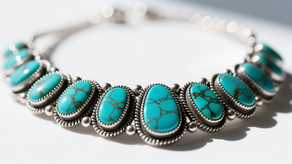 Extreme close-up of a Zuni needlepoint turquoise cluster necklace showing intricate sterling silver bezels and oxidized detail.