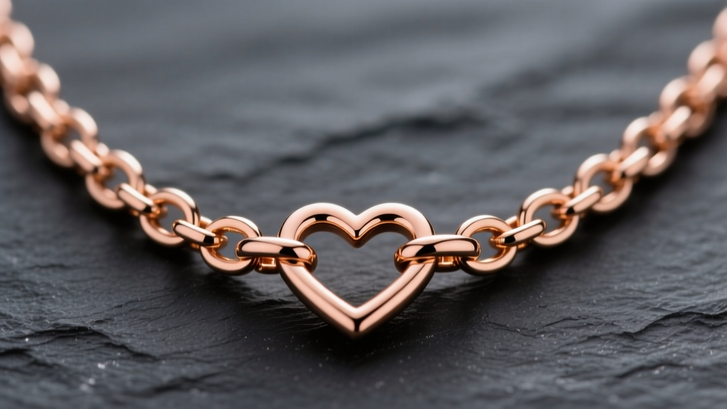 Macro shot of a 14k rose gold love necklace chain showing intricate links and a lobster clasp against a dark slate background