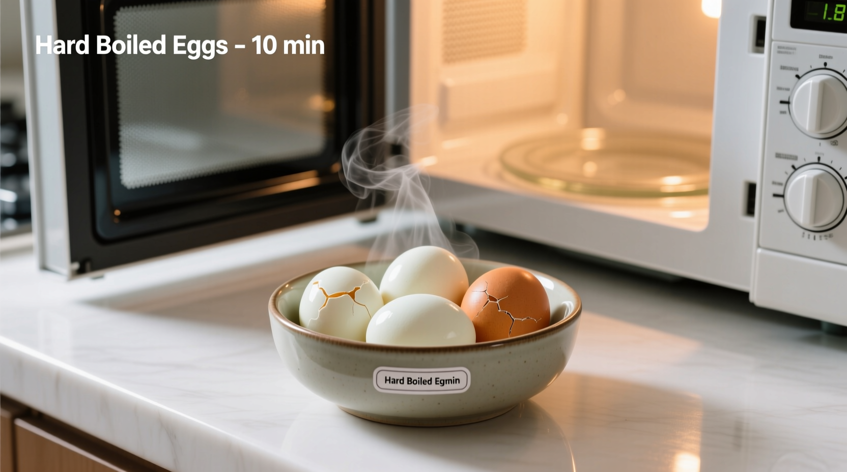 Microwave hard boiled egg preparation with bowl and eggs