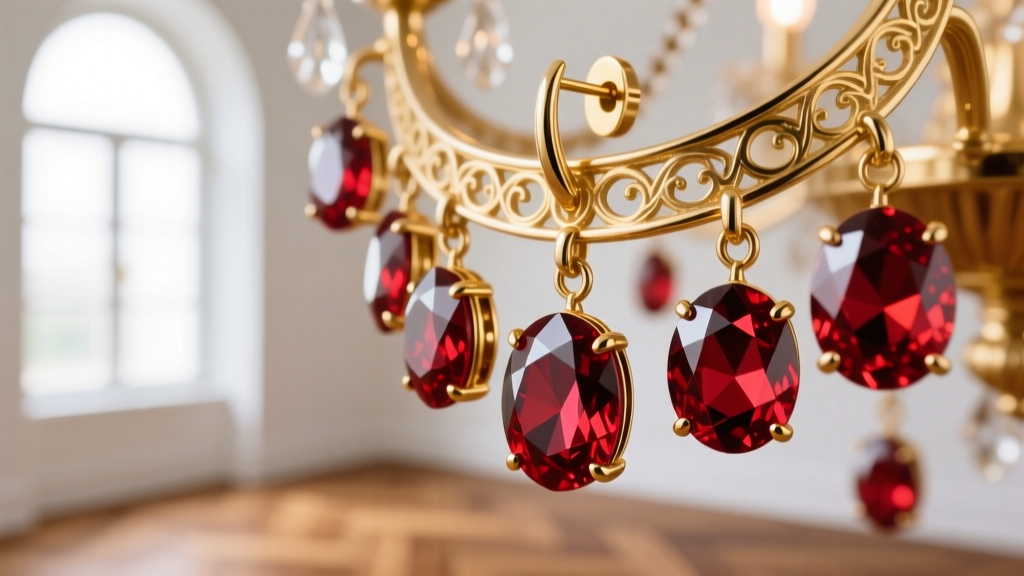 Macro shot of 14k gold chandelier earring with faceted Mozambique garnet briolettes, soft window light, sharp focus on red gems