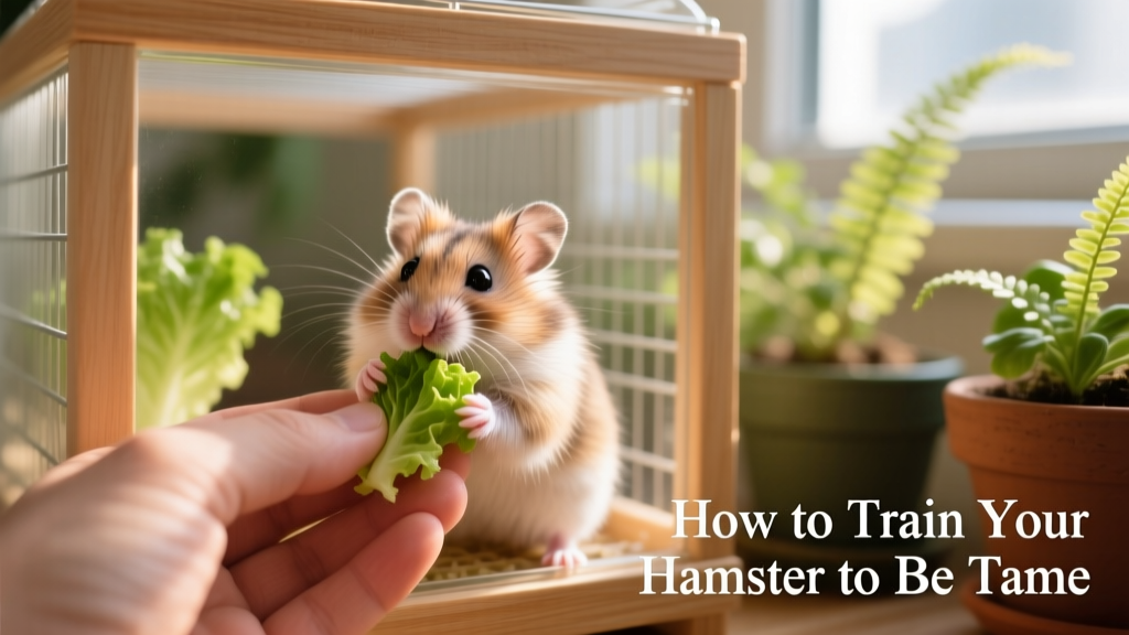 A hamster gently taking a small piece of vegetable from an open human hand inside its cage