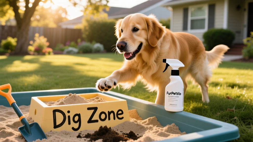 FurPetVo branded digging deterrent spray bottle next to a happy dog and a small sandbox labeled 'Dig Zone'