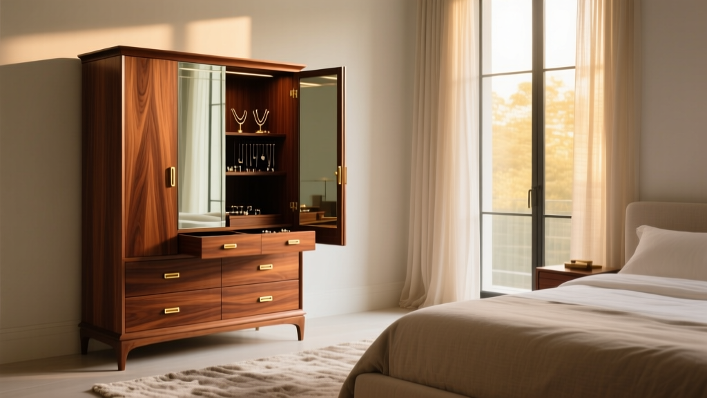 Cherry wood Thomas Pacconi jewelry armoire in softly lit bedroom, featuring multiple drawers and a mirrored front slightly ajar.