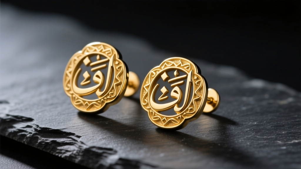 Macro shot of 14k gold Rumi earrings with Persian calligraphy motifs resting on dark slate under soft directional studio lighting