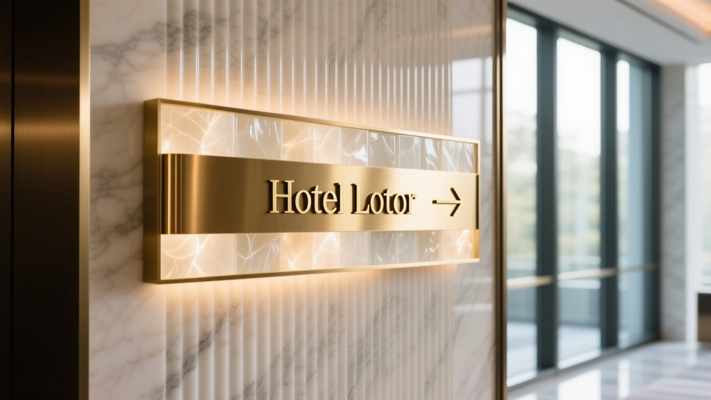 Brushed brass hotel lobby directory sign with warm backlit alabaster panels and modern typography mounted on fluted marble wall