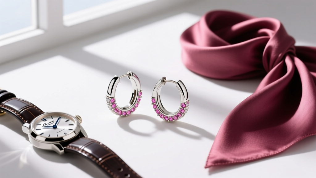 Flat lay of Charriol St. Tropez huggie earrings with pink sapphire accents, styled next to a silk scarf and a luxury wristwatch.