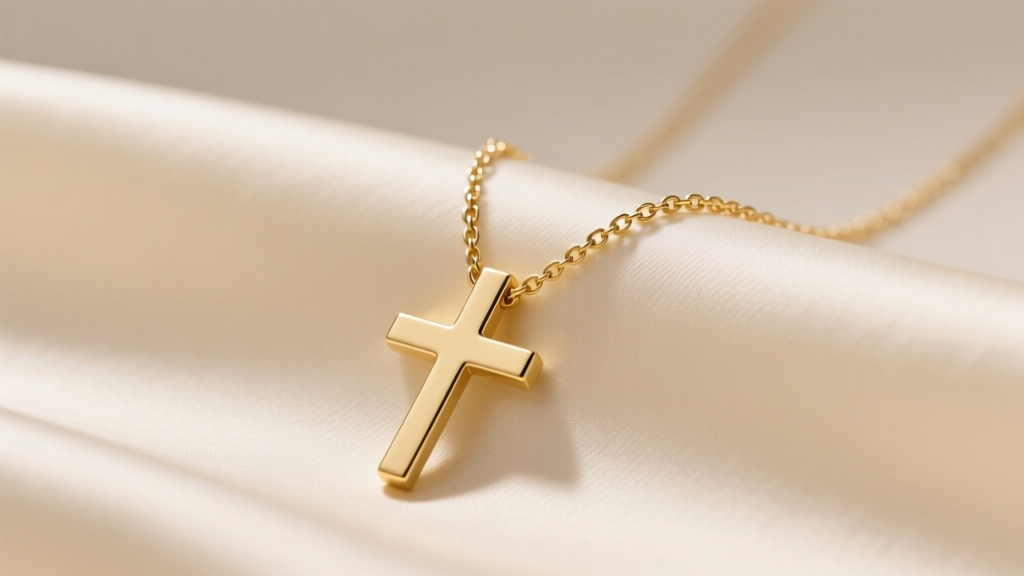 Minimalist 14k gold-filled cross necklace on cream silk, showing delicate satellite chain links in soft warm light.