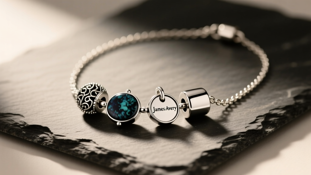 Sterling silver James Avery charm holder necklace on slate, showing three oxidized charms under soft studio light.