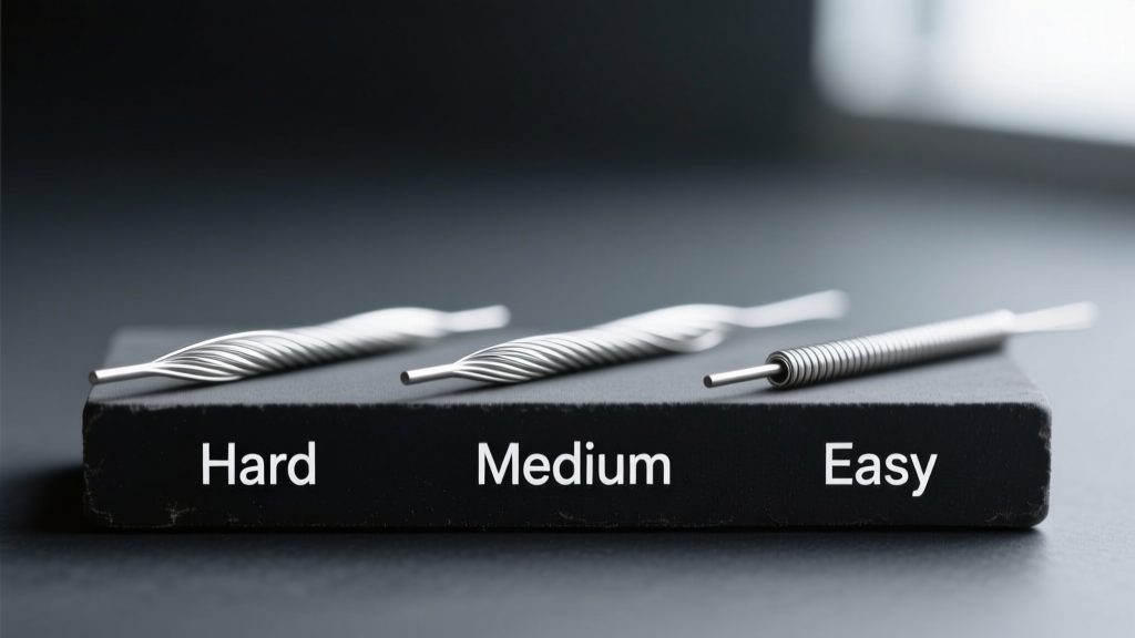 Macro shot of three silver solder wire grades labeled Hard, Medium, and Easy resting on a dark charcoal jewelry soldering block.