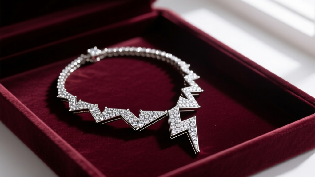 Pave diamond lightning necklace laid flat in a velvet tray, keeping sharp points from snagging fabric or tangling with fine chains.
