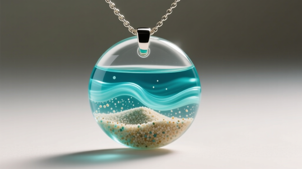 Studio photo of a resin ocean necklace pendant, showing suspended sand particles and a clear UV-resistant top epoxy coating layer.