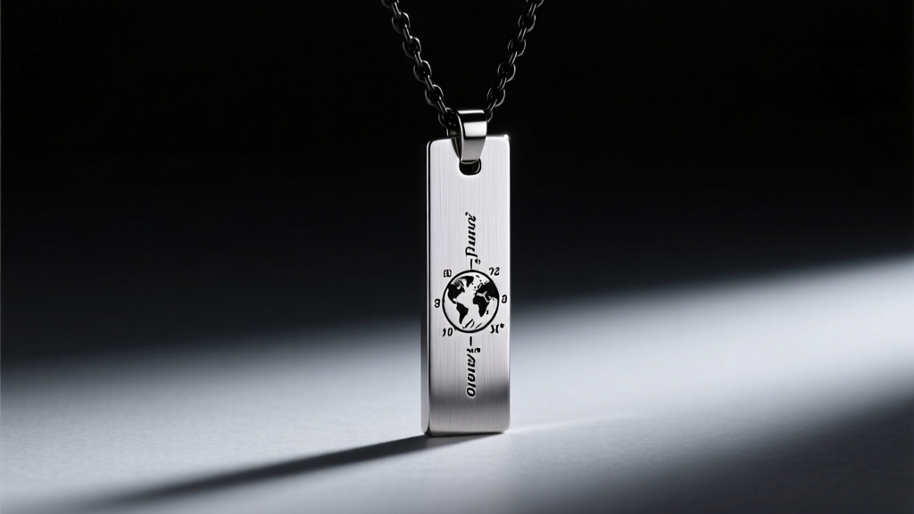 Brushed titanium vertical bar pendant with engraved coordinates on a dark chain, illuminated by dramatic, moody studio lighting.