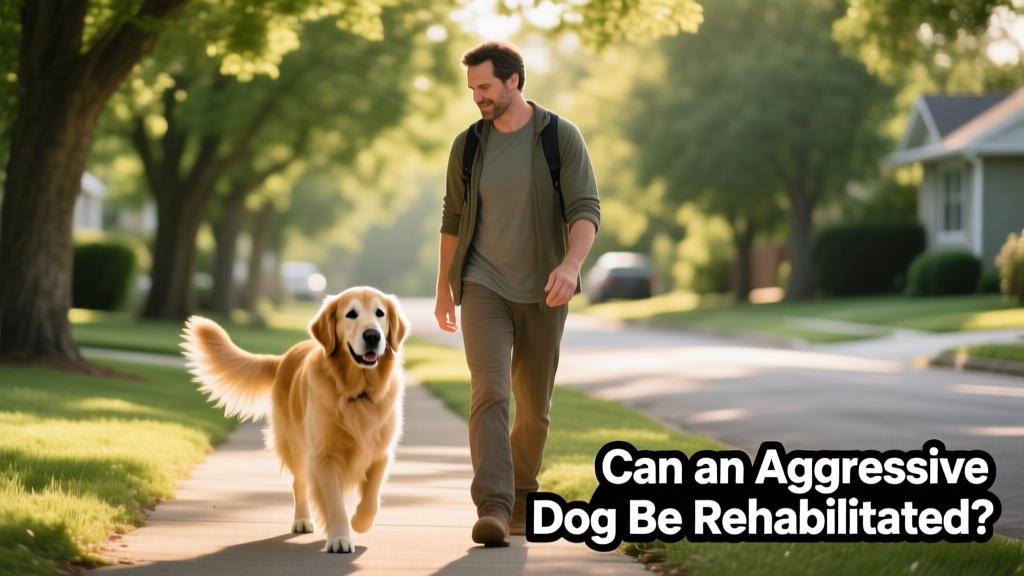 Happy dog walking calmly beside owner on a quiet neighborhood path