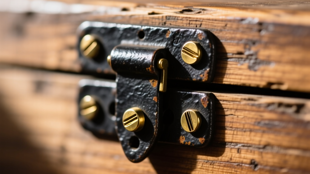 Macro shot of an antique black powder-coated iron strap hinge on a rustic pine jewelry box, showing sturdy brass mounting screws