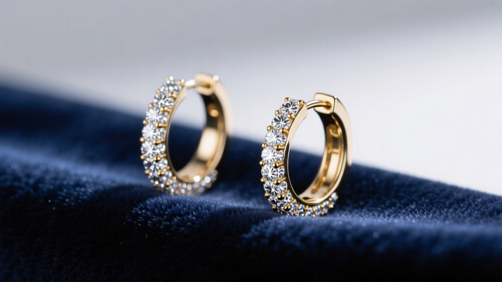 Close-up of 14k white gold diamond circle huggies on velvet, featuring micro-pave melee diamonds under soft studio lighting.