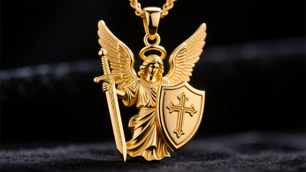 Close-up of a solid 14k yellow gold Archangel Michael pendant featuring high-relief sword and shield details on dark velvet