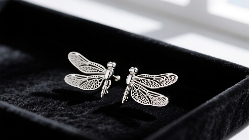 Close-up of intricate sterling silver dragonfly stud earrings resting on a dark velvet tray, highlighting delicate filigree wings.