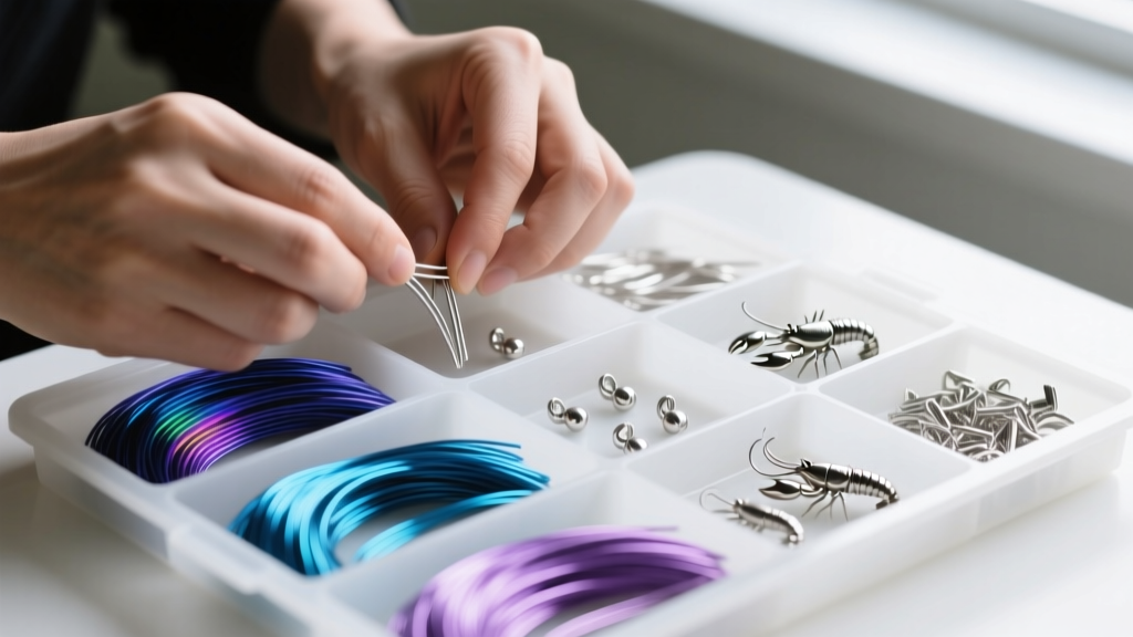 Hands sorting bulk anodized niobium ear wires and small sterling silver lobster clasps on a white plastic bead sorting tray.