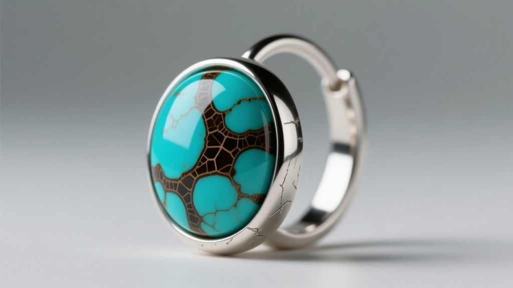 Macro shot of 18-gauge sterling silver hoop earring with bezel-set Kingman turquoise bead showing dark brown matrix webbing.