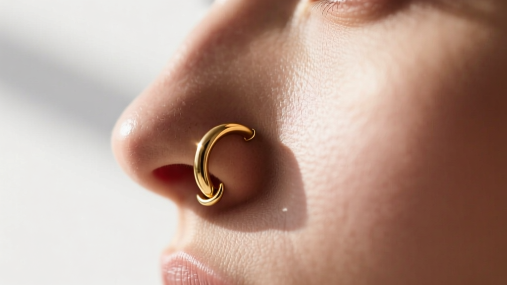 Side profile of a nose wearing an 18 gauge gold seamless hoop with a perfect snug fit, highlighting the inner diameter and no gap.