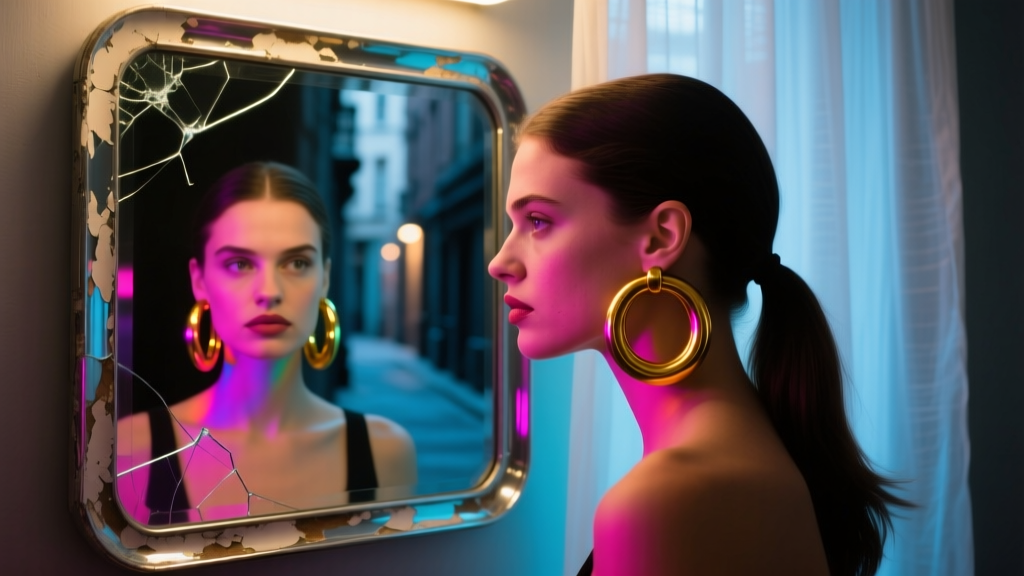 Moody neon-lit portrait of a woman wearing massive 1980s vintage hollow-tube 14k gold hoop earrings, staring into a retro mirror