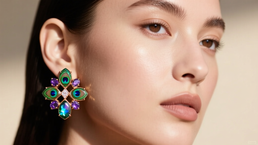 Close-up of model wearing 14k rose gold labradorite ear cuffs with raw stones, highlighting peacock flash in natural sunlight.