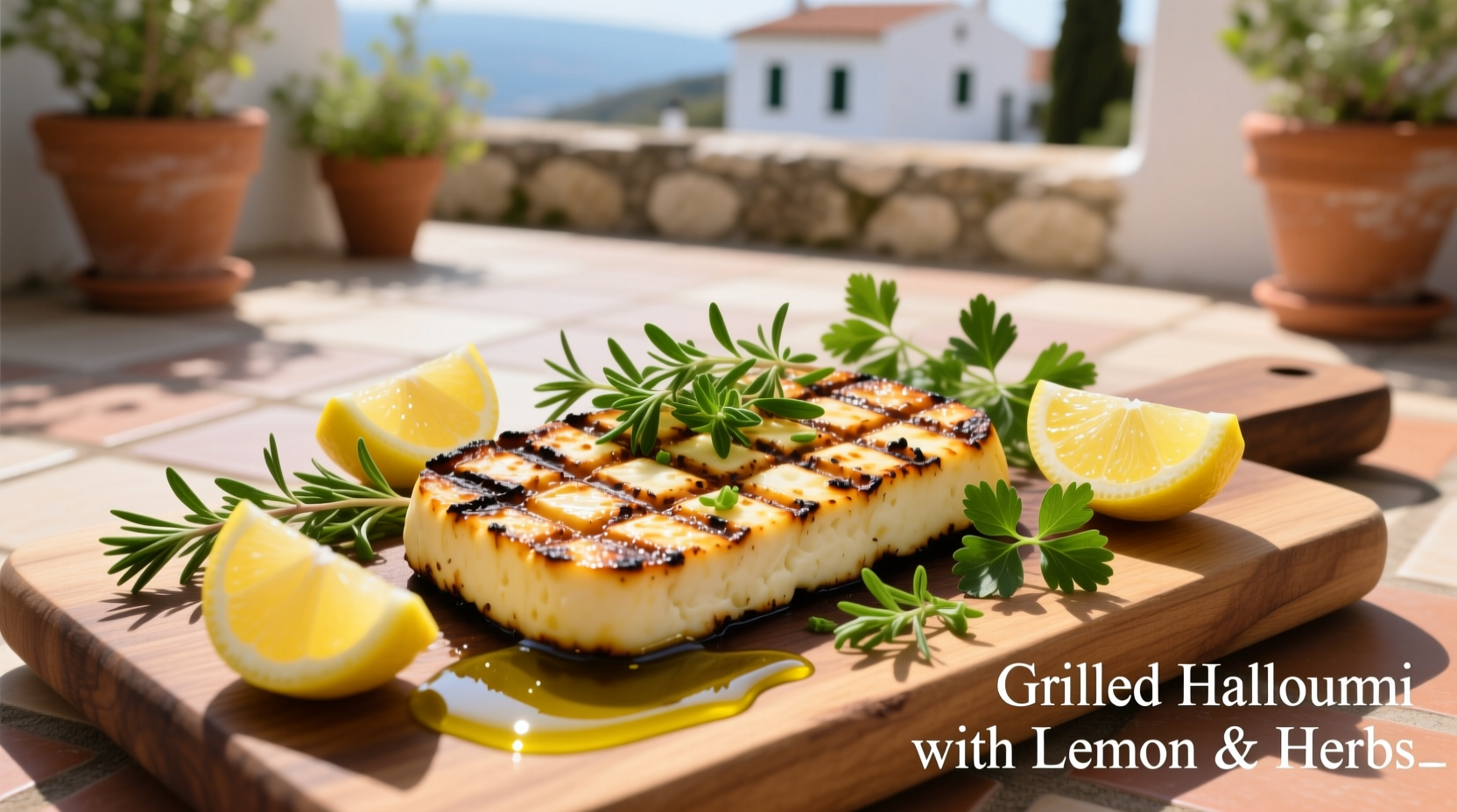 Grilled halloumi cheese with lemon and herbs