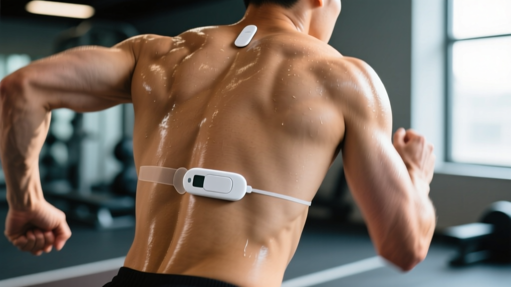 A discrete white continuous glucose biosensor patch applied to the back of an athlete's upper arm during an outdoor trail run.