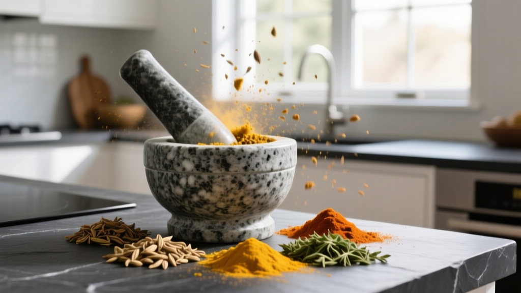 Unpolished gray granite mortar and pestle crushing dried spices on a dark slate countertop in a bright modern kitchen setting