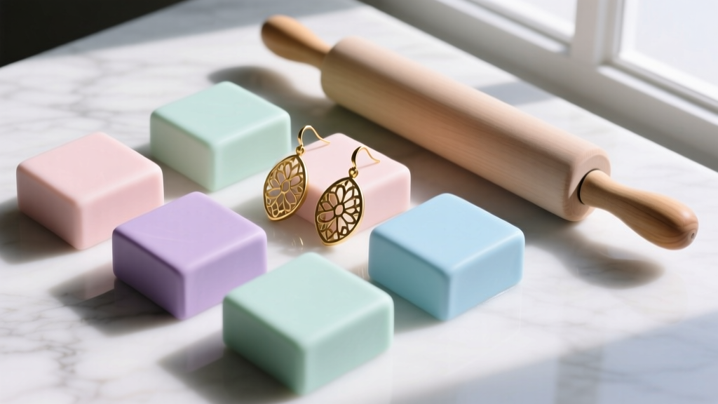 Overhead flat lay of pastel polymer clay blocks, gold earring cutters, and a rolling pin on a white marble crafting surface.