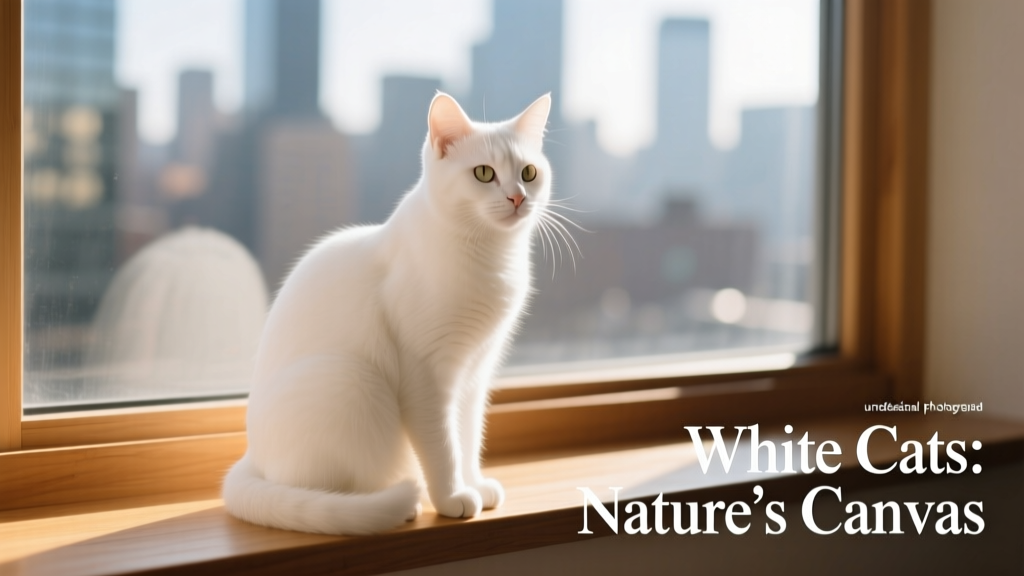 A white cat sitting on a sunlit windowsill, highlighting its pure white coat