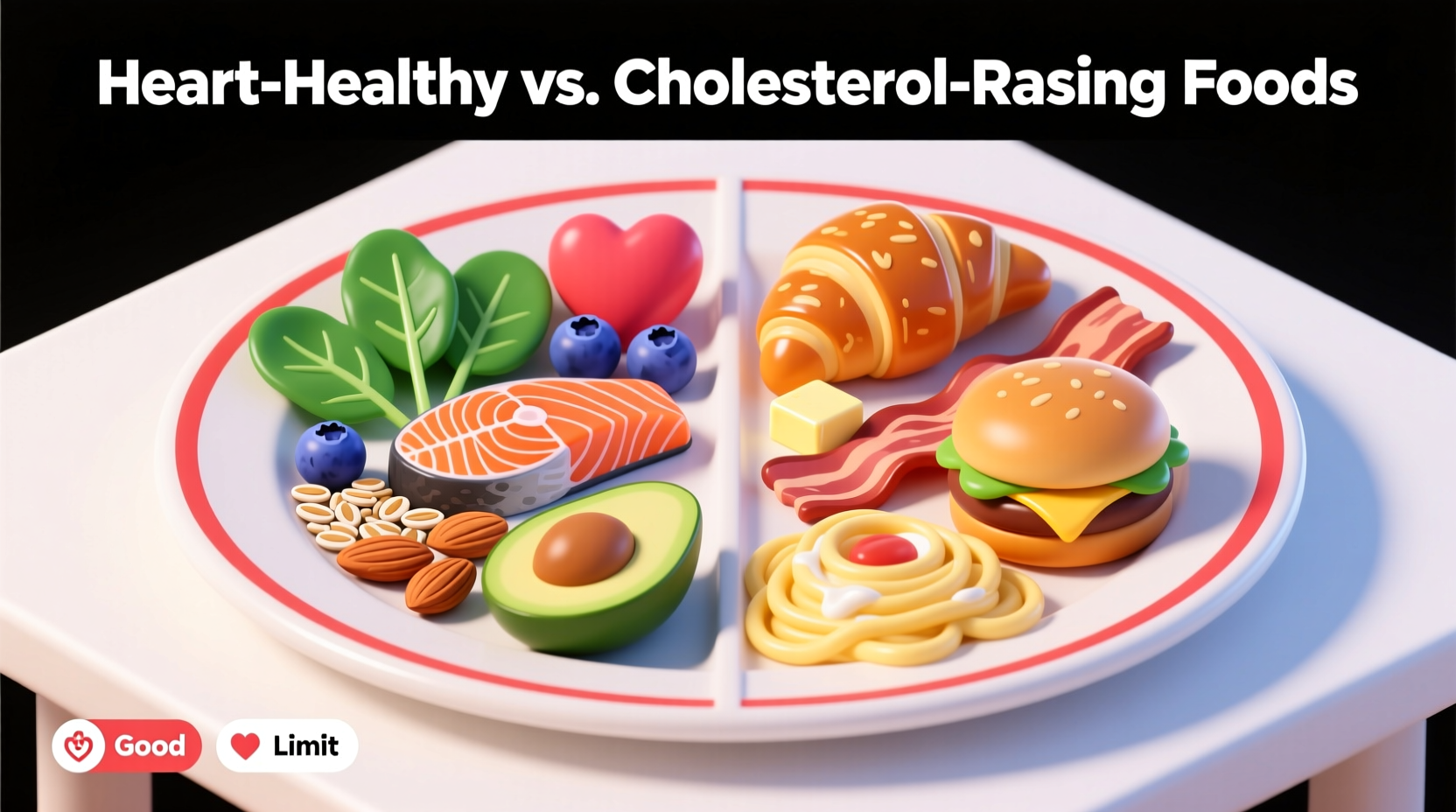 Colorful plate showing heart-healthy foods versus cholesterol-raising options