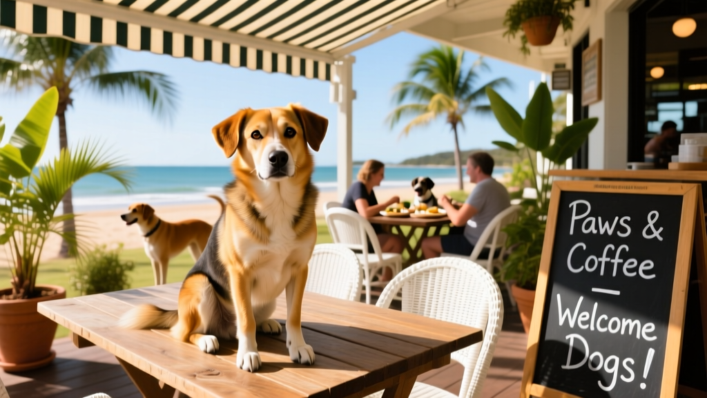 A relaxed dog sitting at an outdoor table in a sunny, dog-friendly cafe in Caloundra