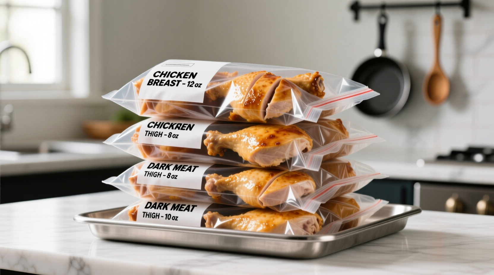 Properly portioned cooked chicken in labeled freezer bags
