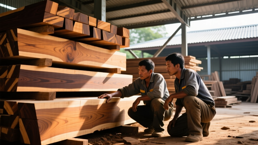 Rough-sawn Philippine mahogany and tangile lumber stacked at a Manila timber yard, with carpenters inspecting grains for residential framing