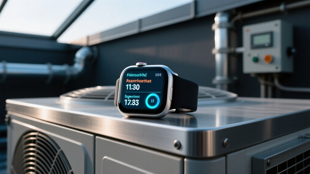 Smartwatch screen displaying a custom HVAC complication showing superheat calculations in a dimly lit commercial rooftop unit