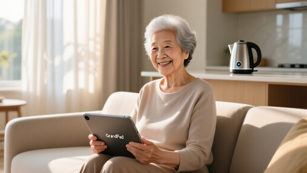 Elderly woman smiling while using a GrandPad tablet on her lap in a sunlit living room with a smart kettle on the counter behind her