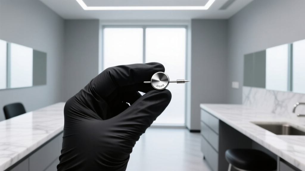 Piercer in black gloves holding a sterilized titanium flat-back stud in a clean, modern, well-lit professional piercing studio.