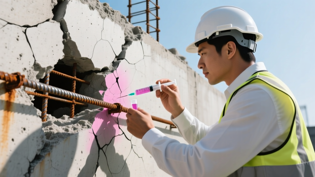 Structural engineer inspecting severely spalled concrete foundation wall with exposed rusted rebar using a phenolphthalein testing solution.