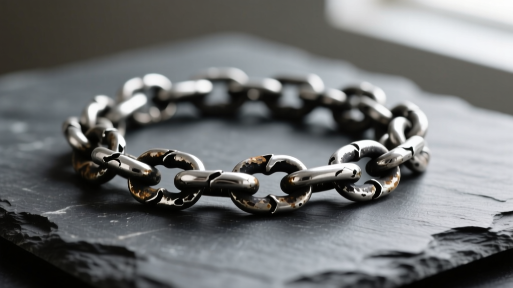 Close-up of a tarnished 925 sterling silver chain on dark slate, highlighting blackened crevices and dull grey links in soft light