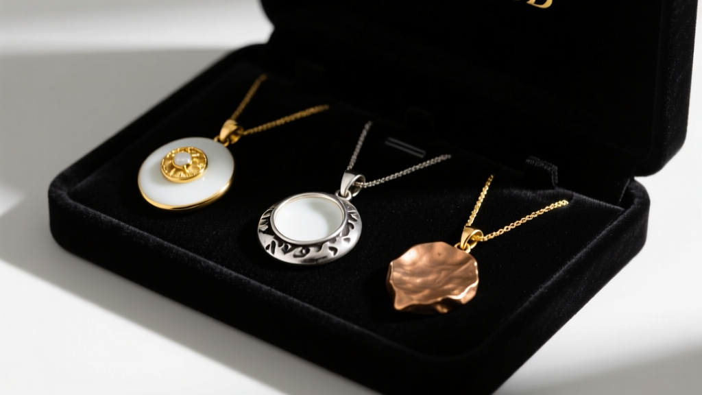 Porcelain pendants showing gold vermeil, oxidized silver, and raw brass metal settings displayed on a dark velvet jewelry pad.