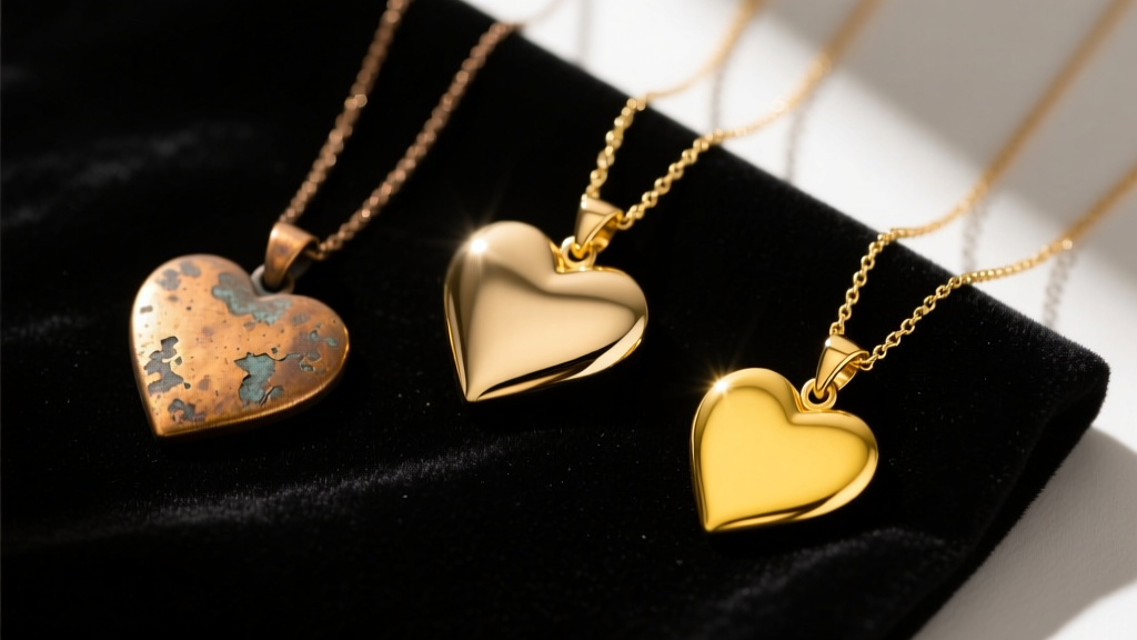 Flat lay of three heart pendant necklaces: tarnished brass, gold-filled, and solid 14k yellow gold resting on dark velvet fabric.